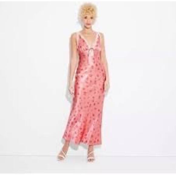 Wild Fable Pink Satin Floral Lace Maxi Slip Dress XXS Y2K Coquette Romantic - Picture 2 of 5